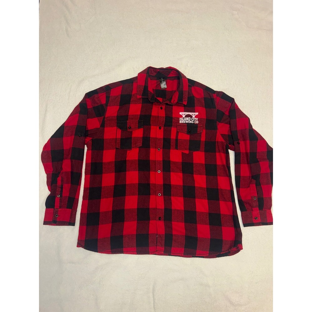 Burnside Mens 2X Red Black Buffalo Plaid Flannel Island City Brewing Co Shirt